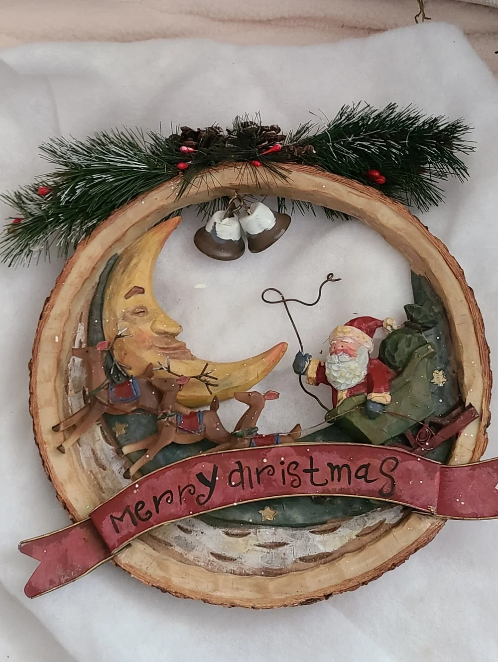 Holiday Santa Moon Wood Carved Wreath Ornament